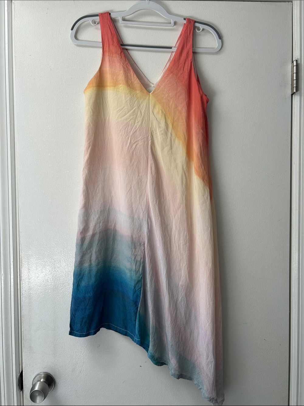 ecru Sleeveless Ombre V-Neck Asymmetrical Dress in Coral, Yellow & Blue